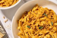 Golden Pumpkin Pasta with Crispy Pancetta and Creamy Parmesan
