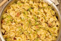 Golden Orecchiette with Smoky Bacon and Roasted Brussels