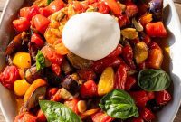 Creamy Burrata with Roasted Eggplant and Sweet Cherry Tomatoes