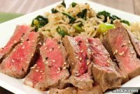 Mirin-Infused Strip Steaks with Vibrant Kale Ramen