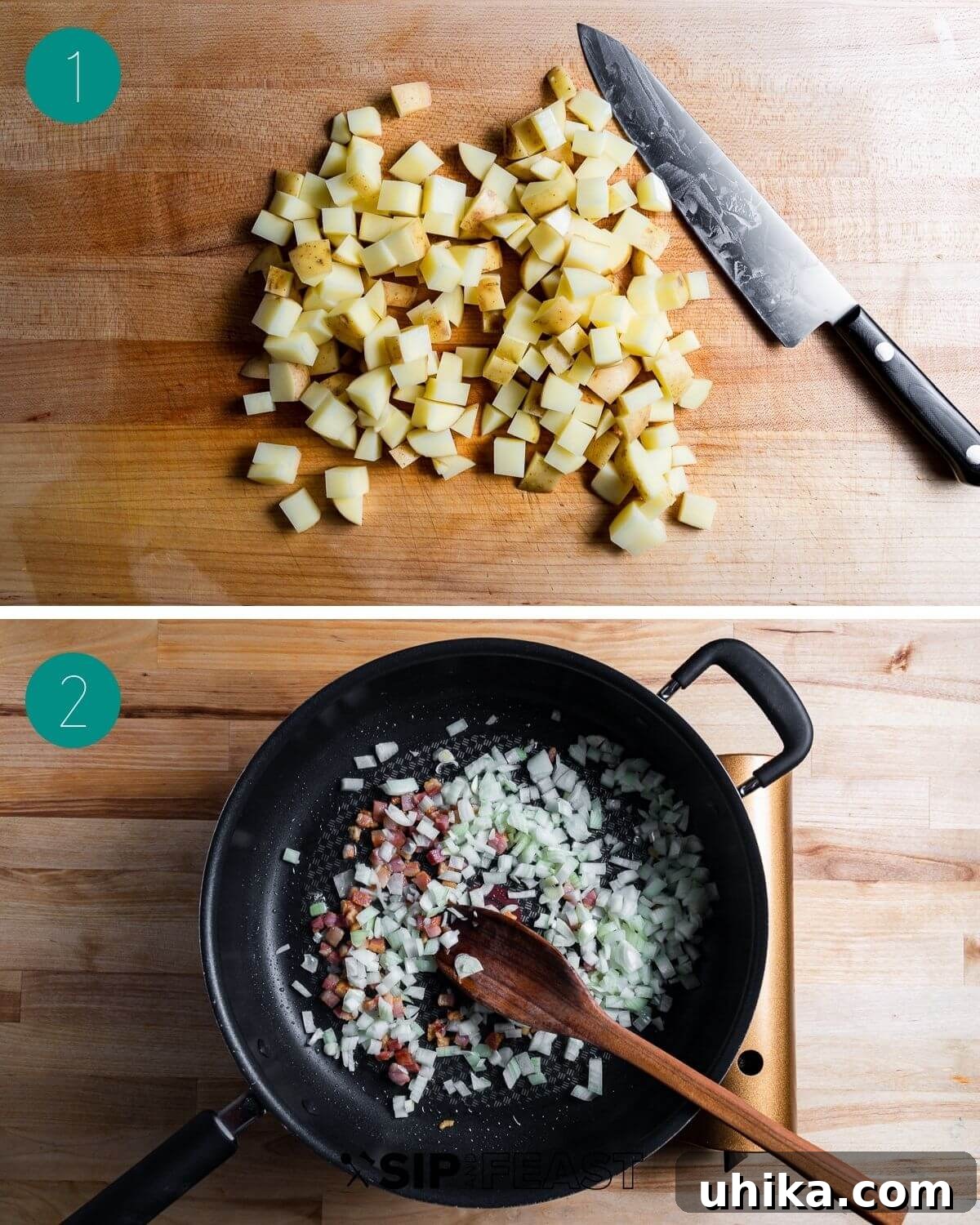 Pasta with Potatoes 5 A collage displaying the initial preparation steps for Pasta e Patate, featuring neatly diced Yukon Gold potatoes, thinly sliced garlic, cubed pancetta, and finely chopped onion.