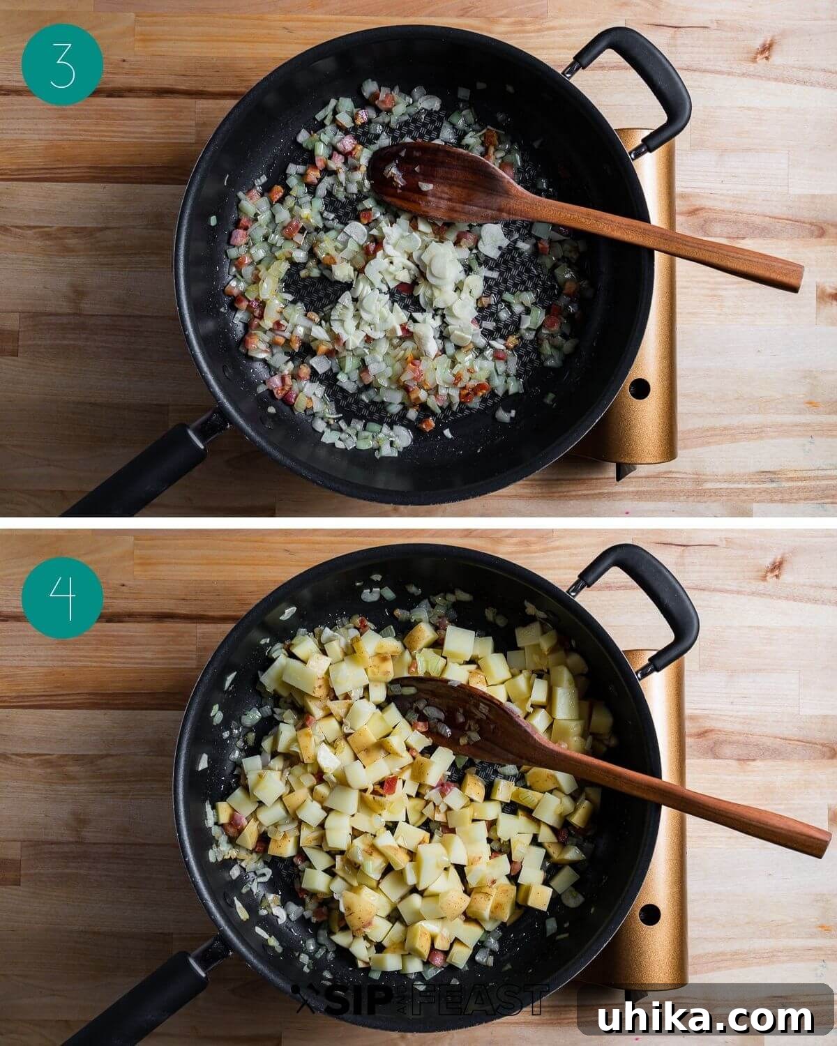 Pasta with Potatoes 6 A two-part collage showing the cooking process: first, pancetta rendering in olive oil, followed by the addition of onions and garlic sautéing to create a fragrant base for the Pasta e Patate.