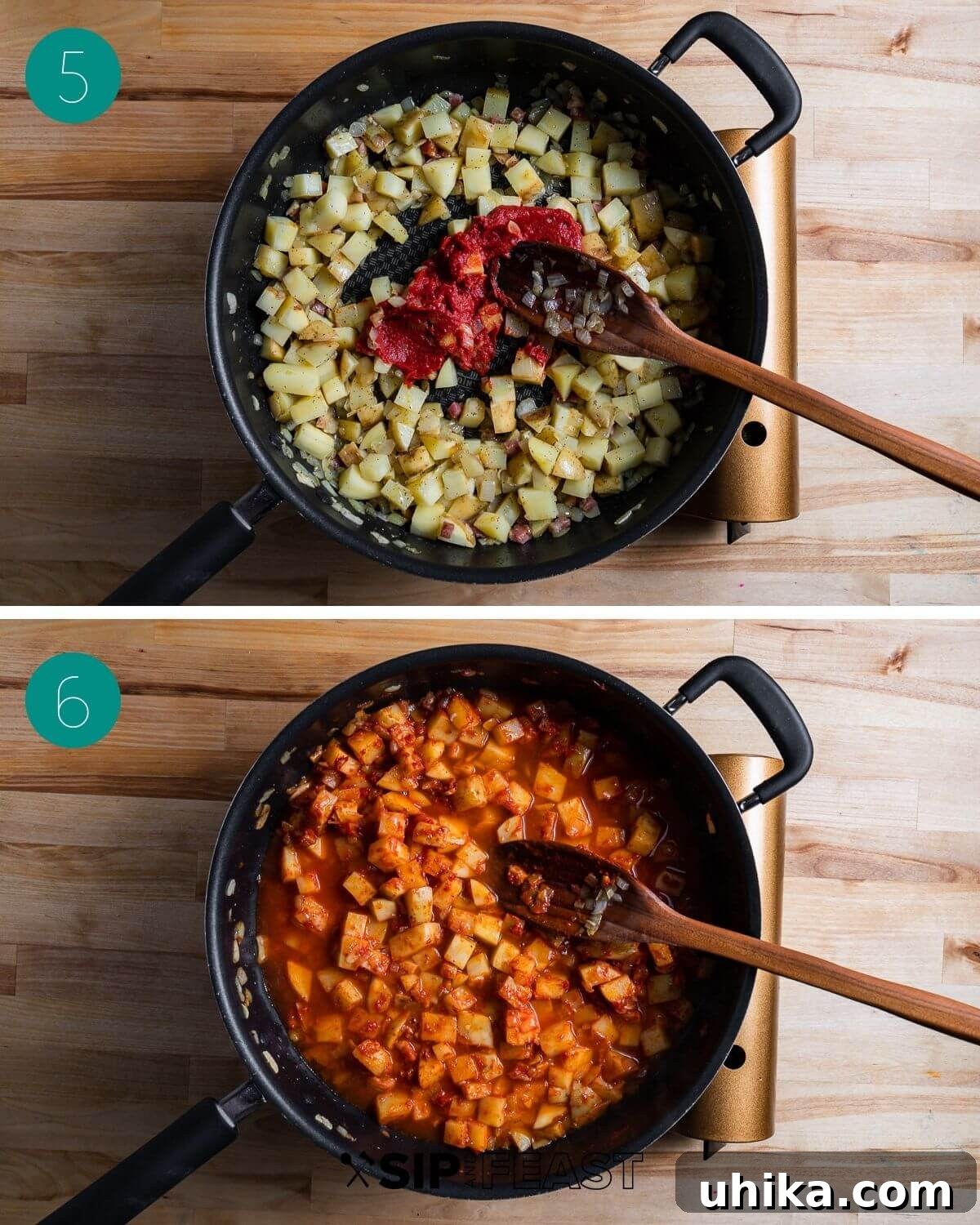 Pasta with Potatoes 7 A three-panel collage demonstrating the mid-cooking stages: adding crushed red pepper flakes, incorporating diced potatoes into the seasoned pan, and frying the tomato paste with the potatoes to build a robust sauce.