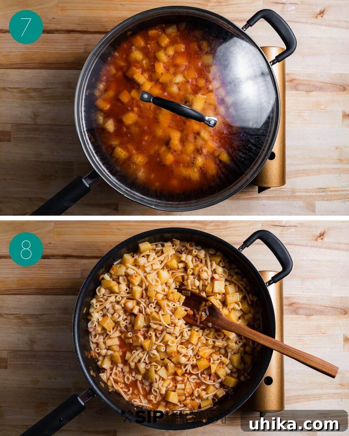 Pasta with Potatoes 8 A four-panel collage illustrating the final steps of preparing Pasta e Patate: adding water to the potato and tomato mixture, boiling pasta, and finally combining the cooked pasta with the simmering potato sauce.
