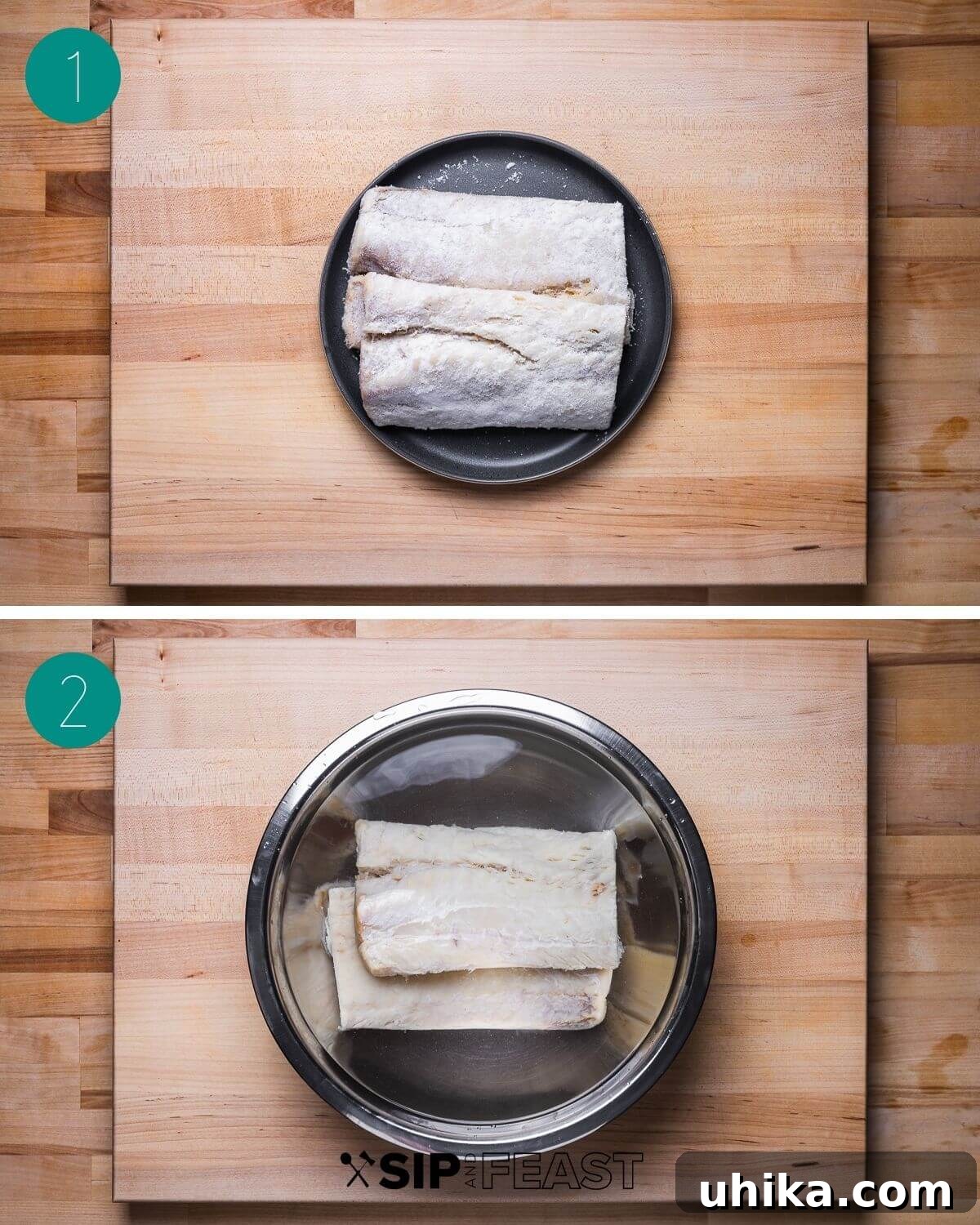 Naples' Signature Baccala 4 First step in Baccala alla Napoletana recipe: showing raw salt cod pieces for soaking.