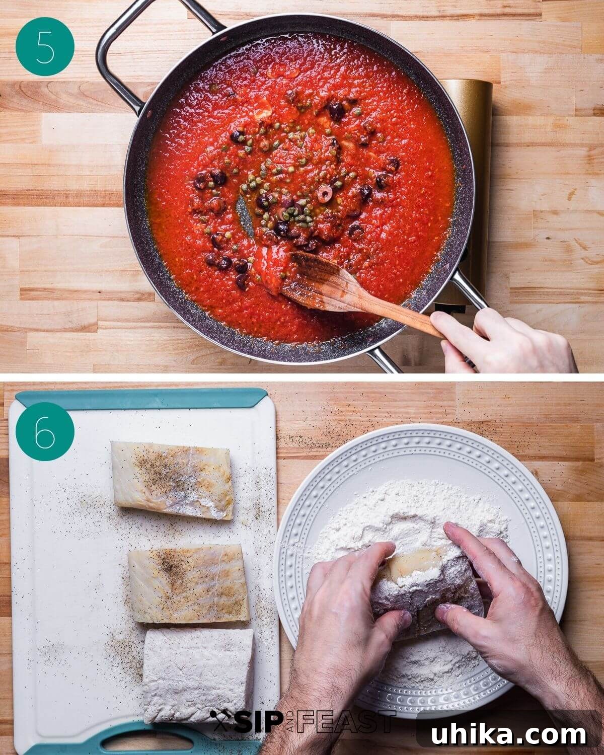 Naples' Signature Baccala 6 Third step in Baccala alla Napoletana recipe: showing garlic sauteing, wine deglazing, and adding tomatoes, olives, and capers to the sauce.