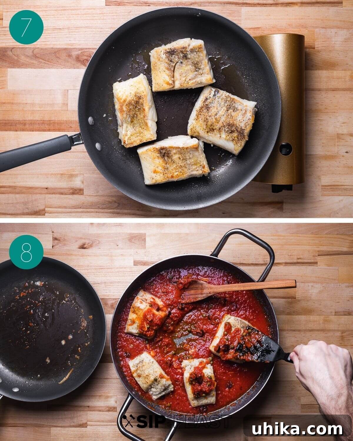 Naples' Signature Baccala 7 Fourth step in Baccala alla Napoletana recipe: showing baccala seasoned, dredged in flour, and searing in a pan.