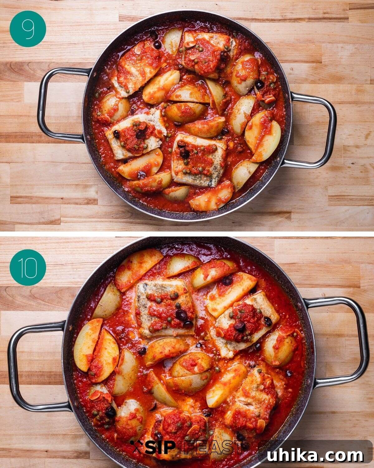 Naples' Signature Baccala 8 Fifth step in Baccala alla Napoletana recipe: showing seared baccala and parboiled potatoes nestled in sauce, ready for baking.