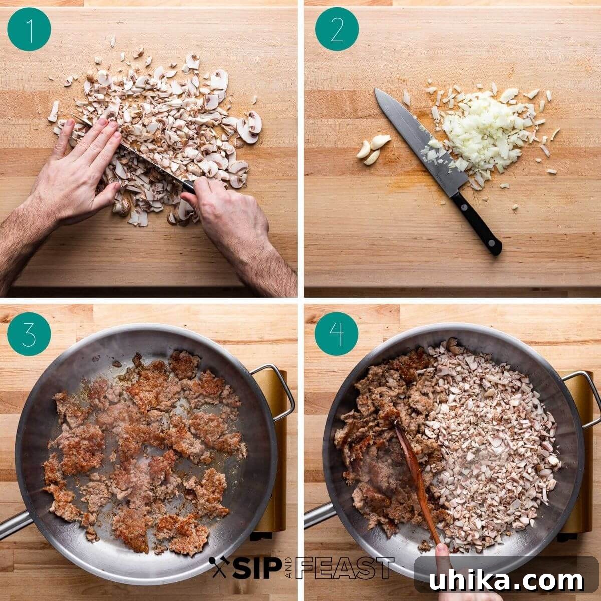 Norcia Sausage Pasta 4 Pasta alla Norcina recipe process shot collage group number one, showing initial cooking steps.