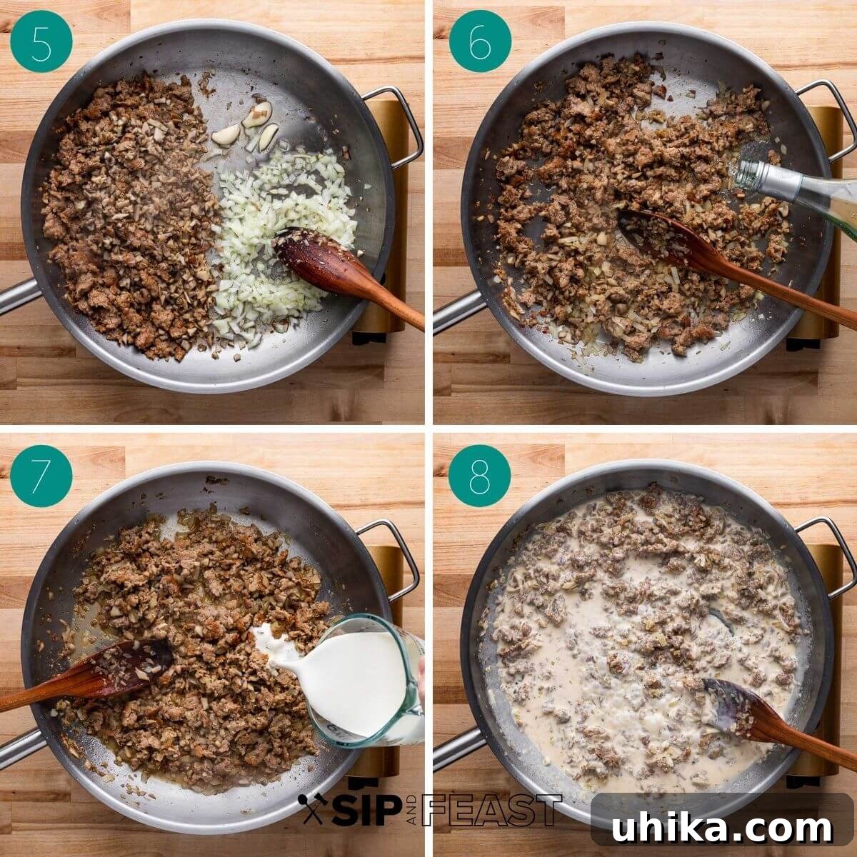 Norcia Sausage Pasta 5 Recipe process shot collage group number two, featuring deglazing and adding cream.