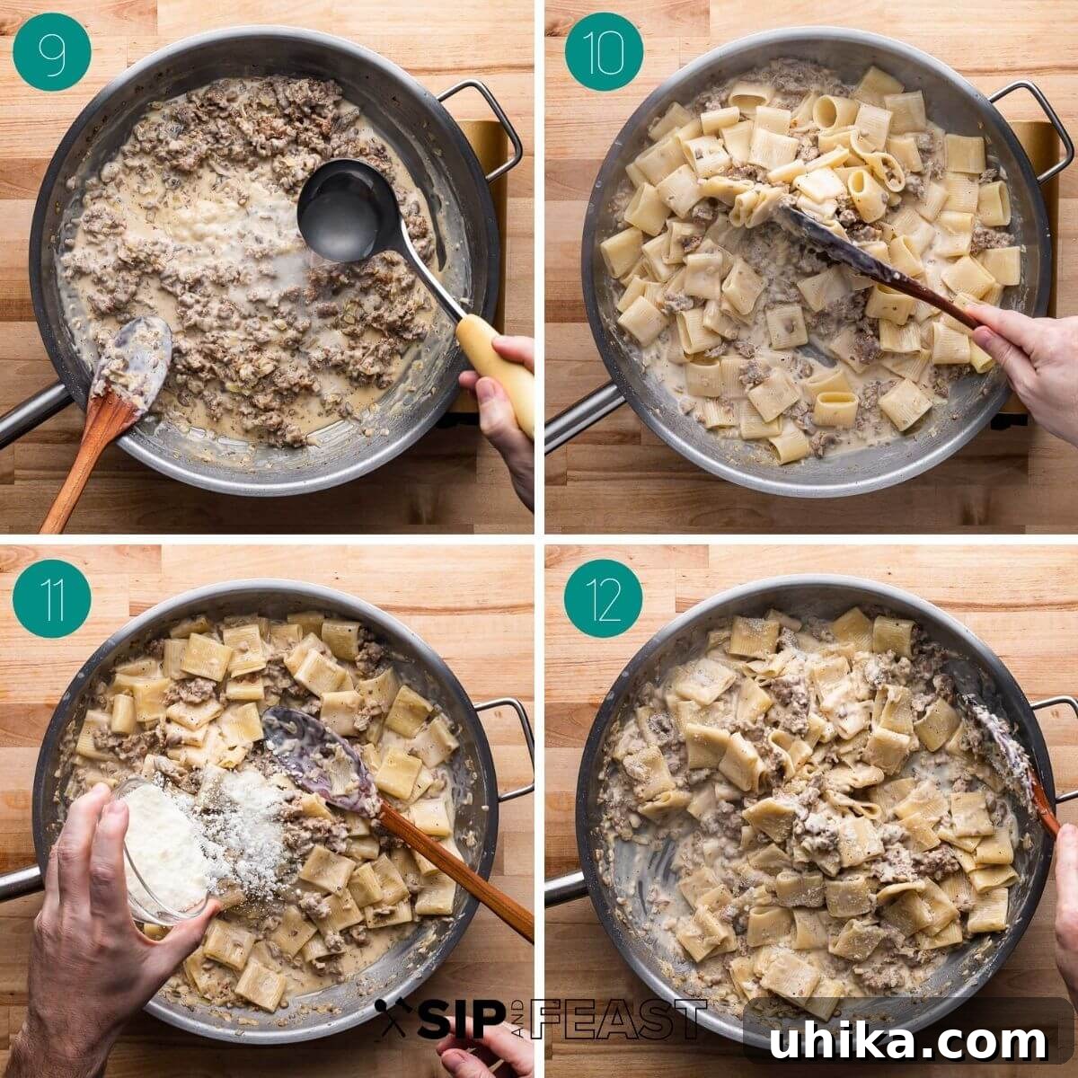 Norcia Sausage Pasta 6 Recipe process shot collage group number three, showing pasta being added to the sauce and final seasoning.