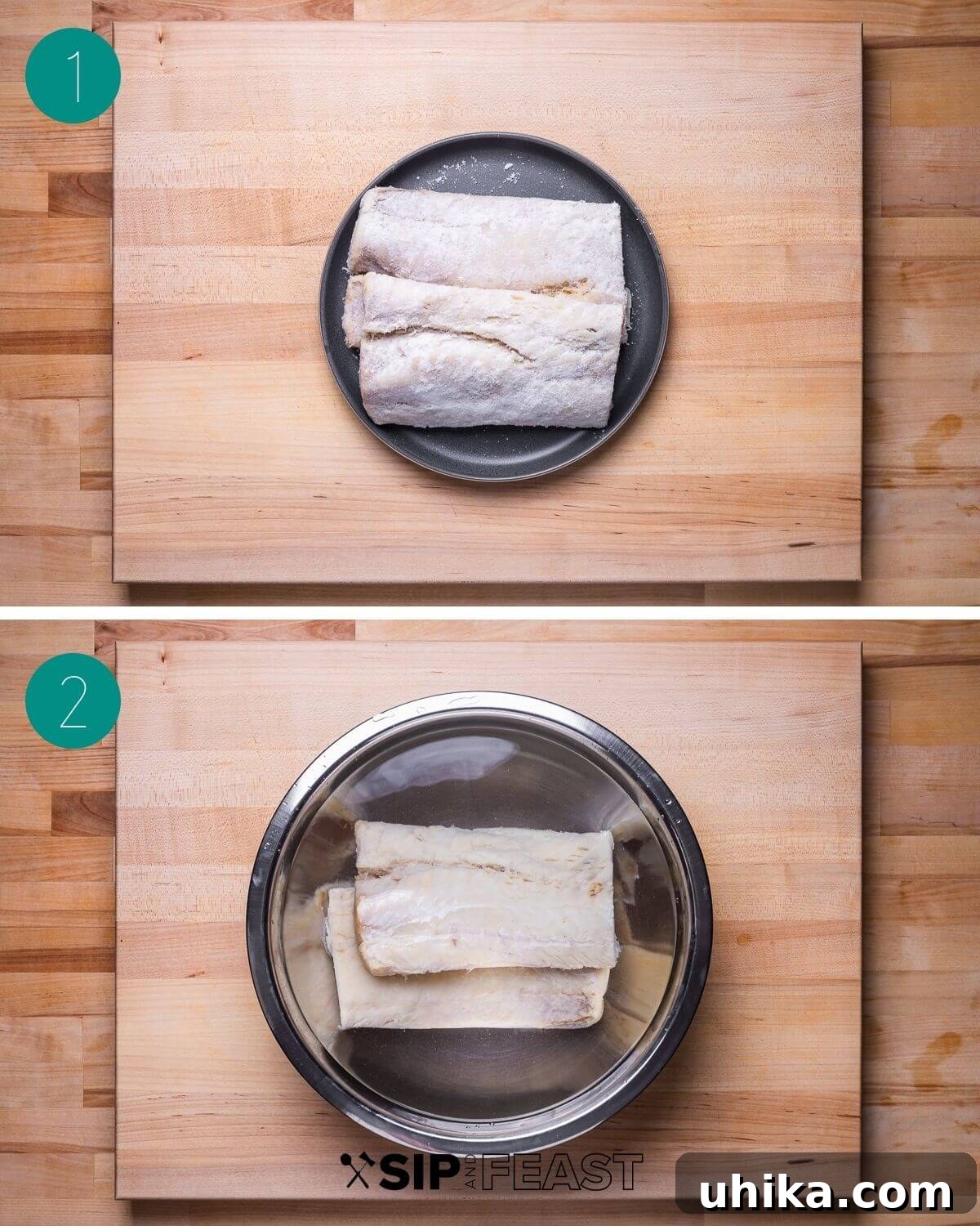 Mediterranean Salt Cod Fritters 4 Collage showing the initial steps of preparing baccala: rinsing salt cod and placing it in a bowl to soak.