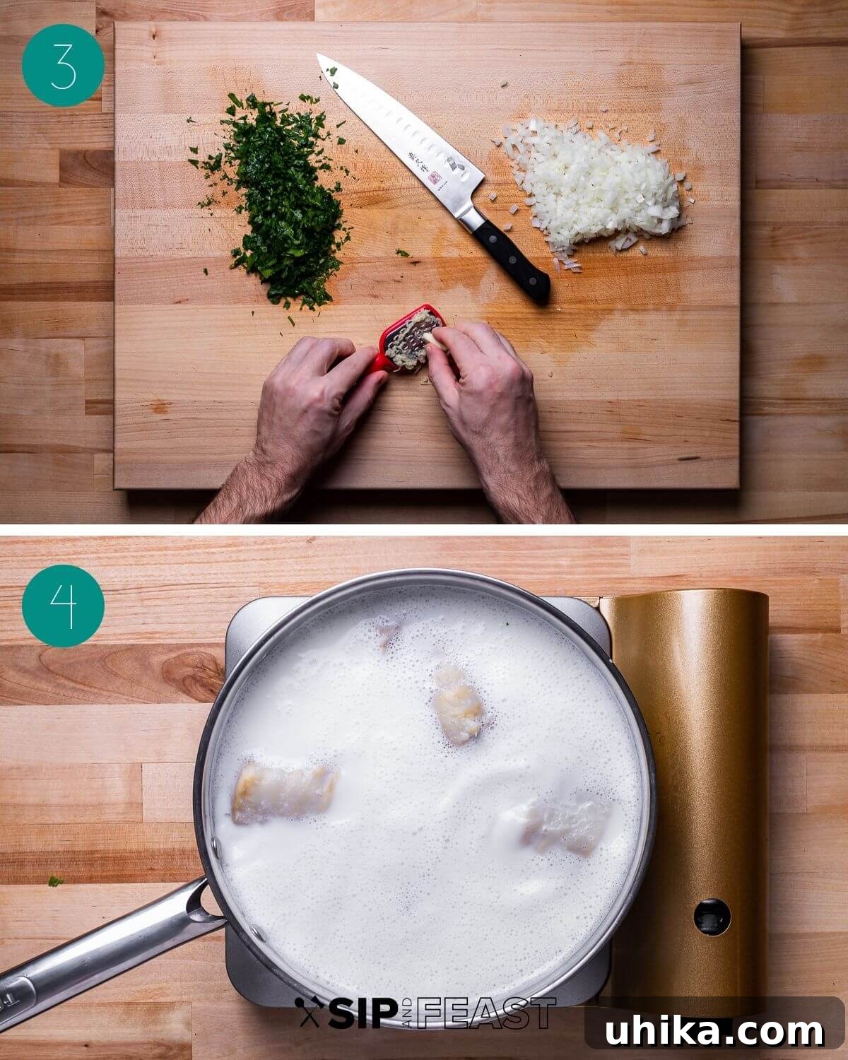 Mediterranean Salt Cod Fritters 5 Collage showing the preparation of ingredients: peeled potatoes, minced herbs, and baccala simmering in milk and water.