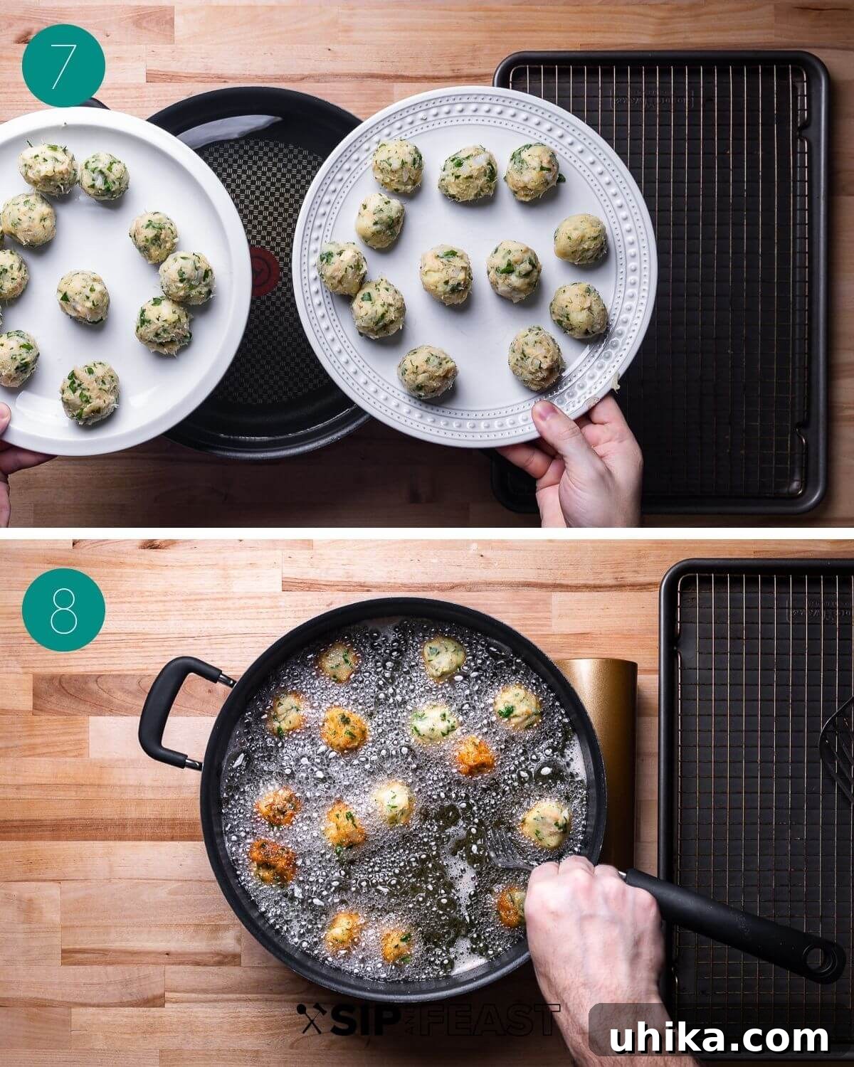 Mediterranean Salt Cod Fritters 7 Collage showing the process of mixing fritter batter and forming small, uniform balls with oiled hands.