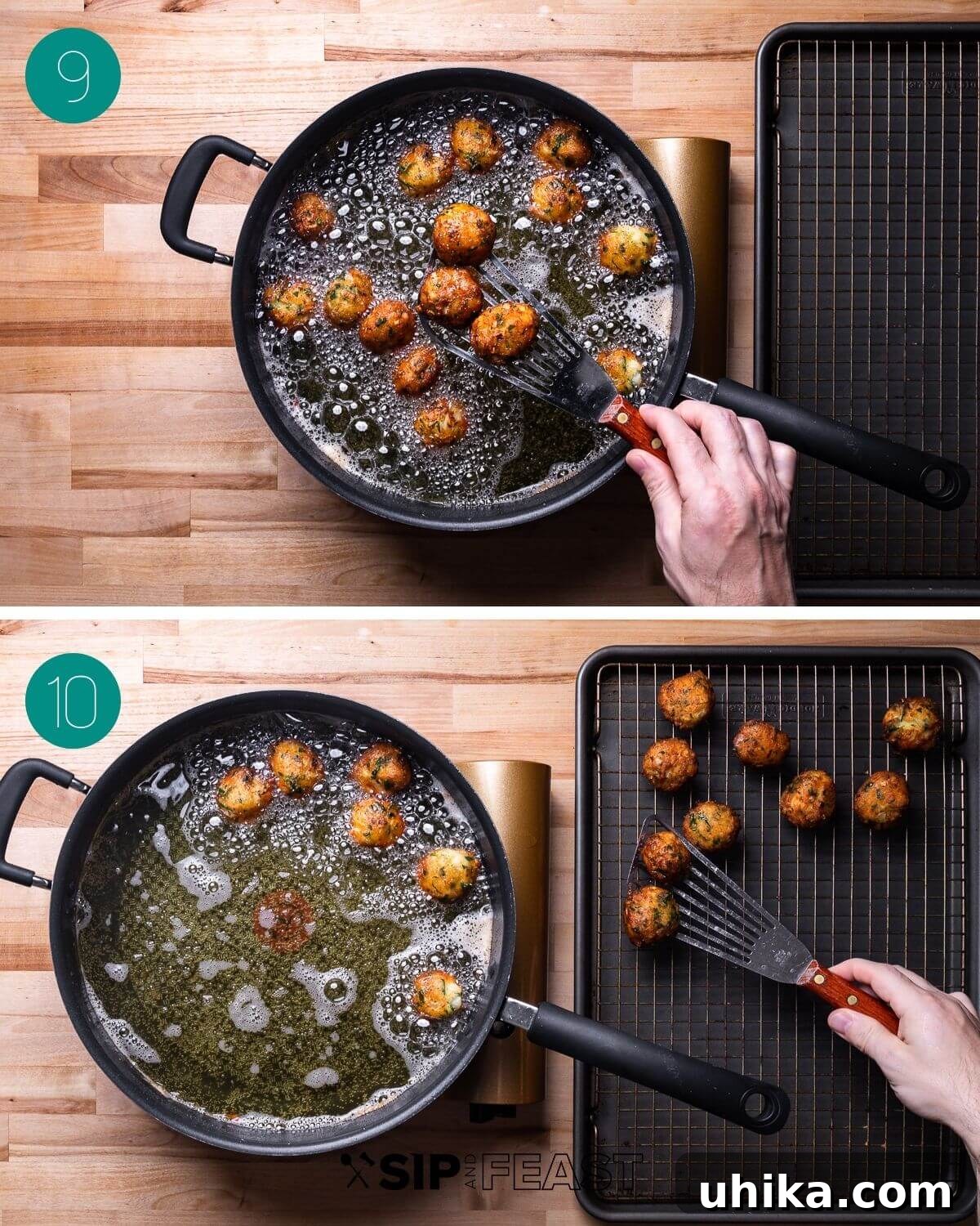 Mediterranean Salt Cod Fritters 8 Collage showing baccala fritters frying in hot oil until golden brown and being removed from the pan.