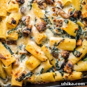 Golden Mushroom Pasta Casserole 11 Creamy mushroom pasta bake featured image.