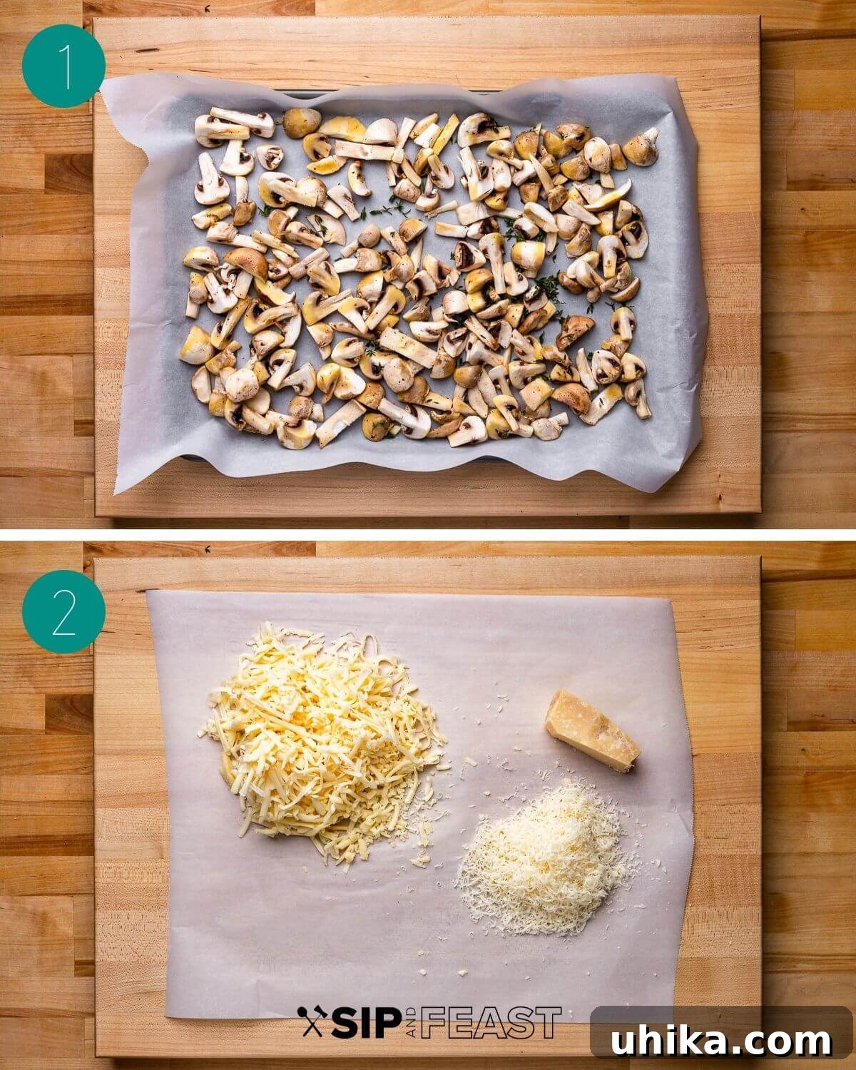 Golden Mushroom Pasta Casserole 4 Creamy mushroom pasta bake recipe process shot collage group number one.