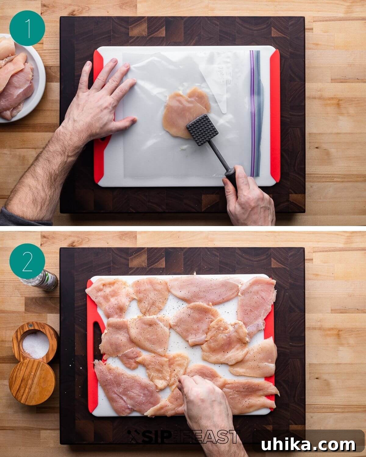 Prosciutto and Sage Chicken Saltimbocca 4 Chicken saltimbocca recipe process shot collage group number one showing flattening cutlets with meat mallet and seasoning with salt and pepper.