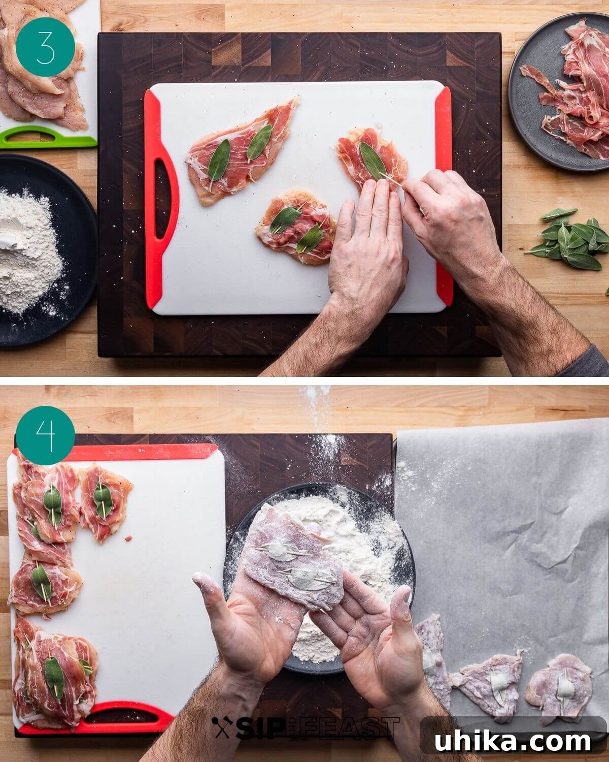 Prosciutto and Sage Chicken Saltimbocca 5 Recipe process shot collage group number two showing sage leaves and prosciutto on chicken and flouring the chicken.