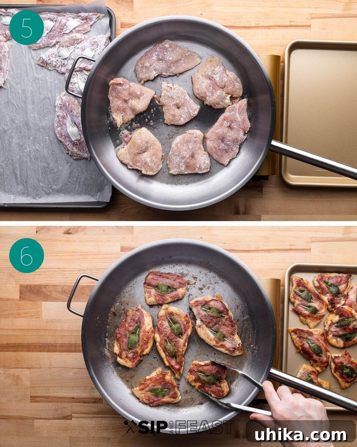 Prosciutto and Sage Chicken Saltimbocca 6 Recipe process shot collage group number 3 showing chicken searing in fry pan, prosciutto side down.