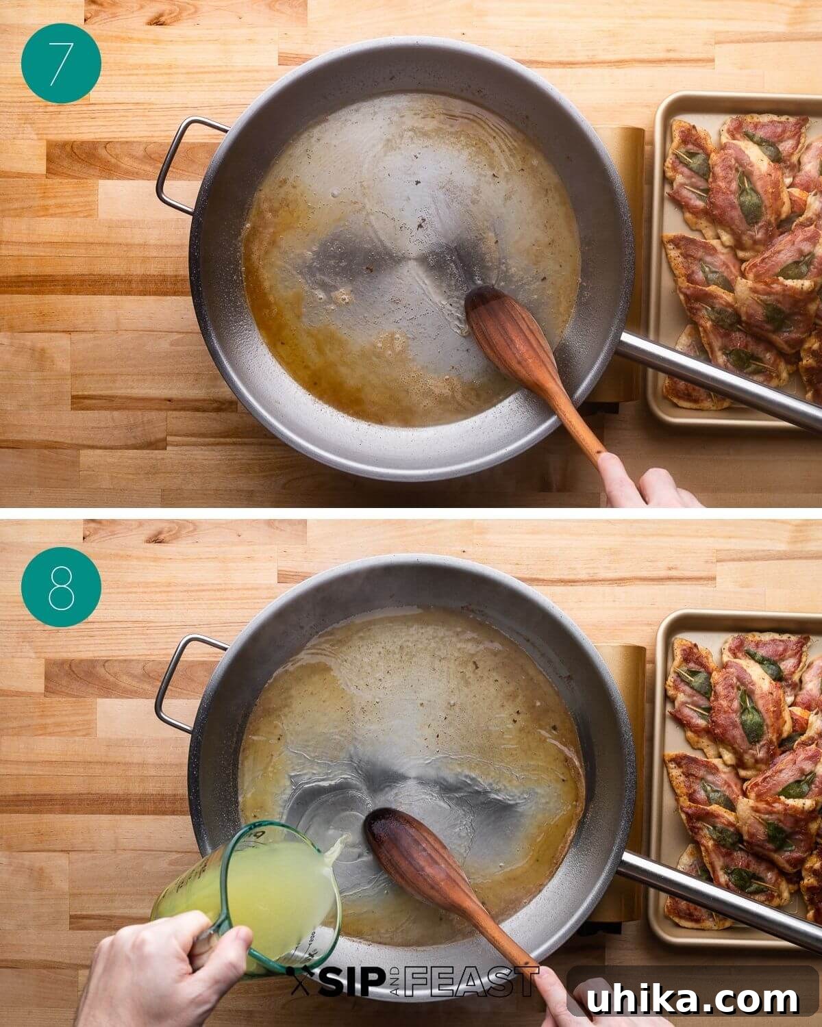 Prosciutto and Sage Chicken Saltimbocca 7 Recipe process shot collage group number four with white wine and chicken stock added to the pan, creating the sauce.