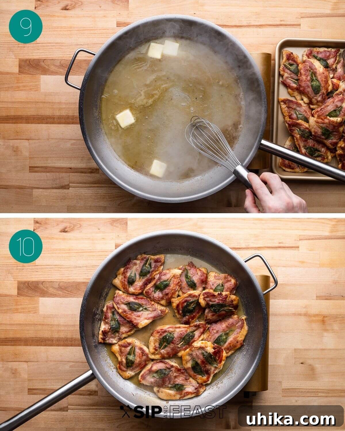Prosciutto and Sage Chicken Saltimbocca 8 Recipe process shot collage group number five with butter added to the pan and then the cooked chicken added back to the pan to finish.