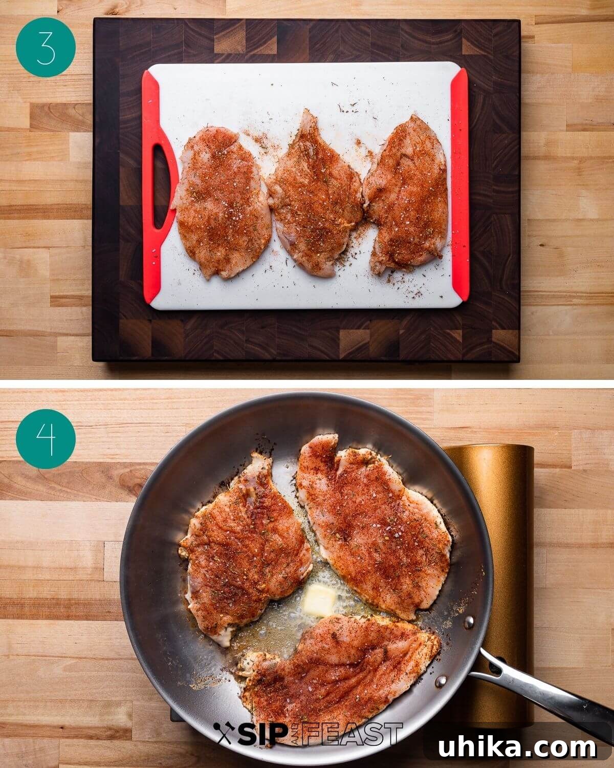 Decadent Chicken Alfredo Pasta 5 Process shot showing seasoned chicken cutlets and cutlets searing in a pan with butter.