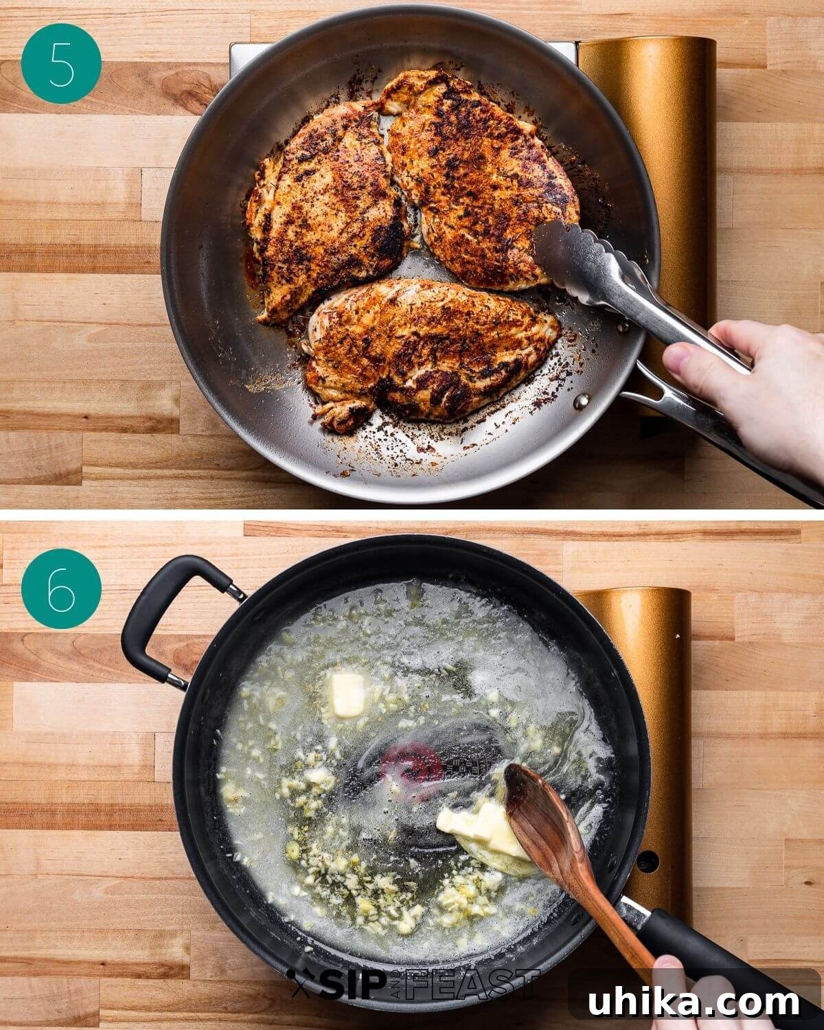 Decadent Chicken Alfredo Pasta 6 Process shot showing cooked blackened chicken and a clean pan with butter and garlic starting for the sauce.