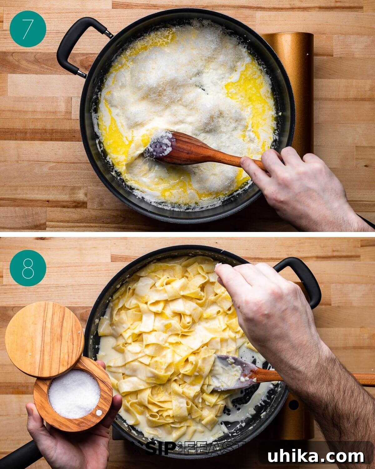 Decadent Chicken Alfredo Pasta 7 Process shot showing creamy Alfredo sauce with melted cheese and al dente pasta being added to the sauce.