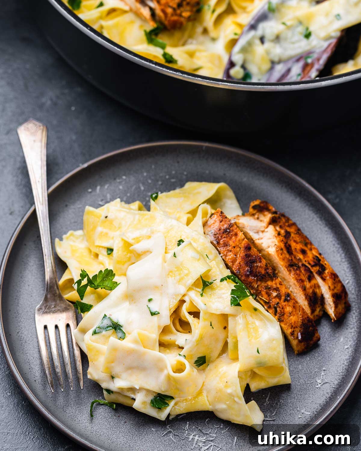 Decadent Chicken Alfredo Pasta 9 Grey plate with a generous serving of chicken alfredo pappardelle, garnished.
