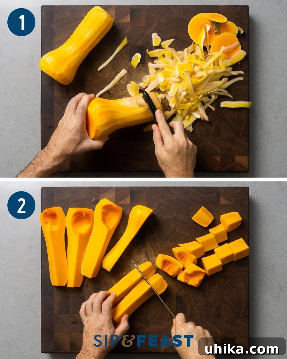Cinnamon roasted butternut squash recipe process showing peeling and chopping of butternut squash.