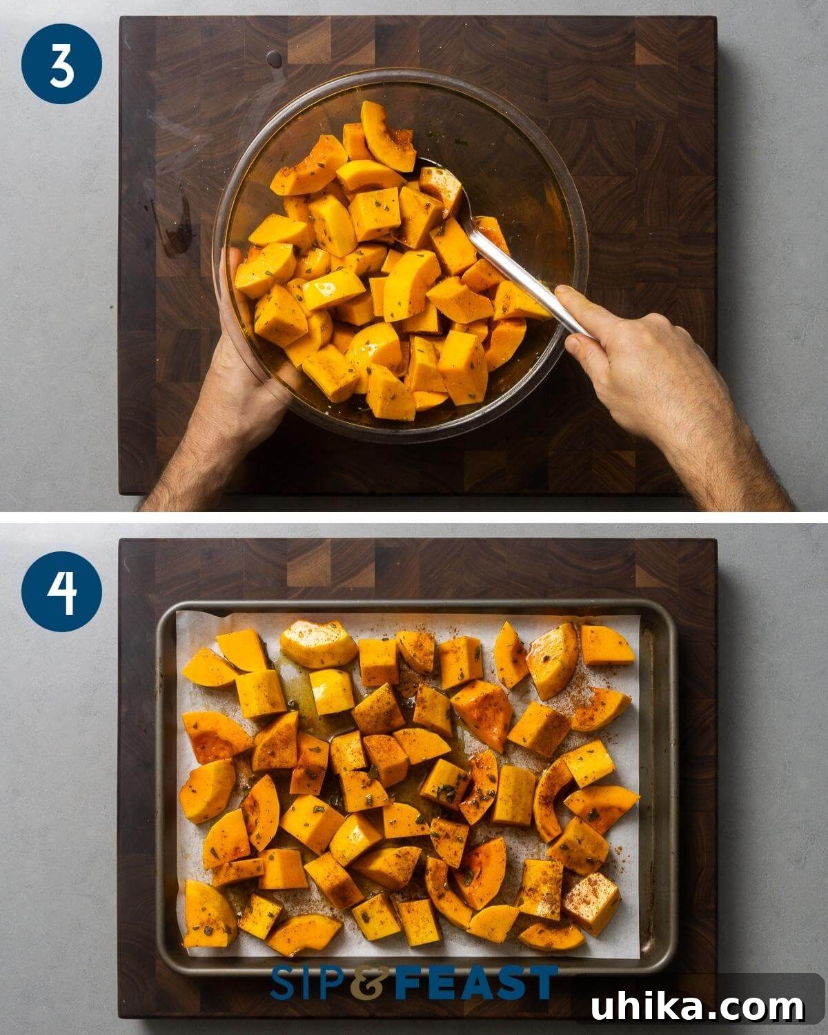 Recipe process showing tossing butternut squash pieces in a bowl with spices and spreading them onto a parchment paper-lined baking sheet.