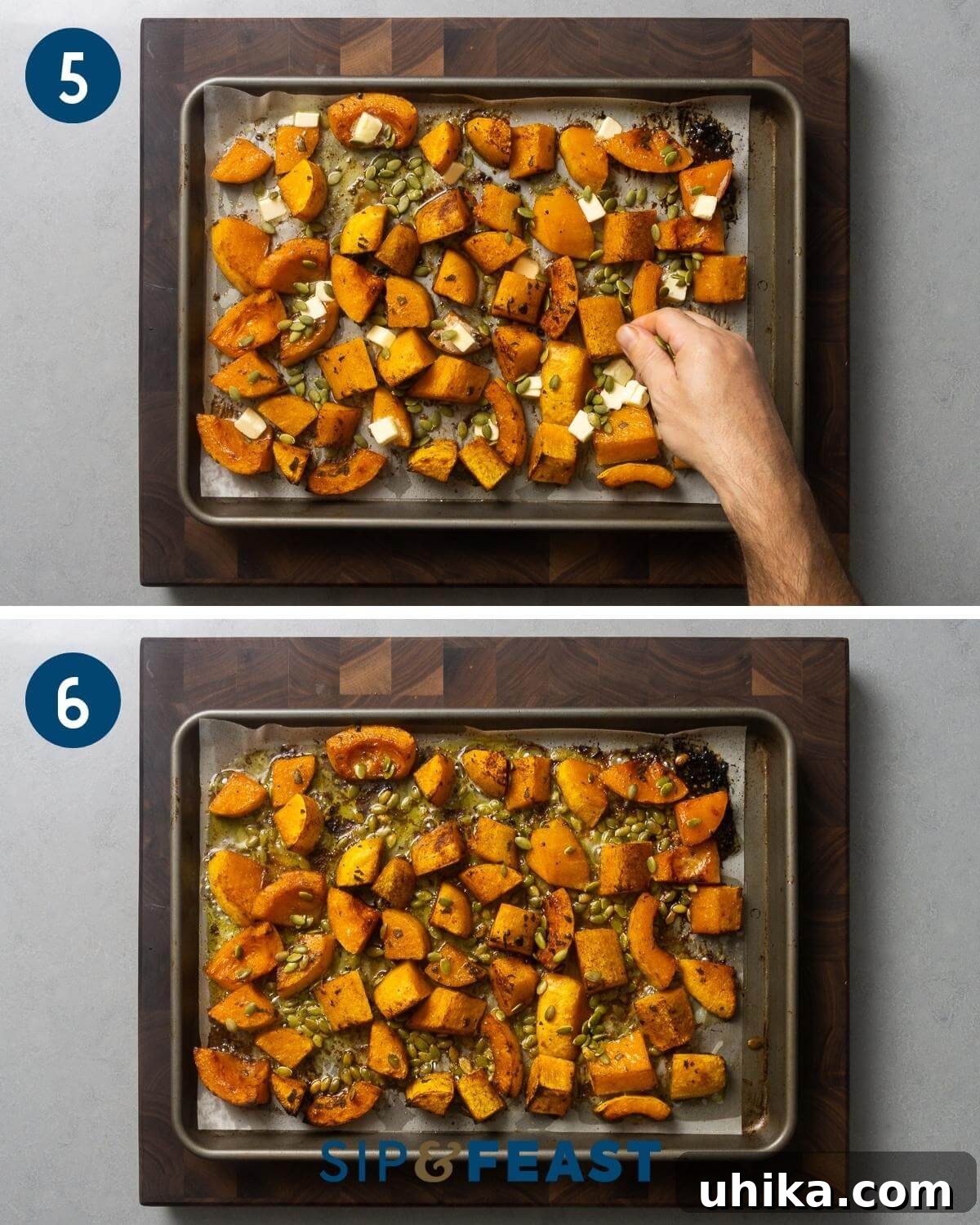 Recipe process showing sprinkling pumpkin seeds and butter cubes on top of squash, followed by a final picture of the fully cooked dish.