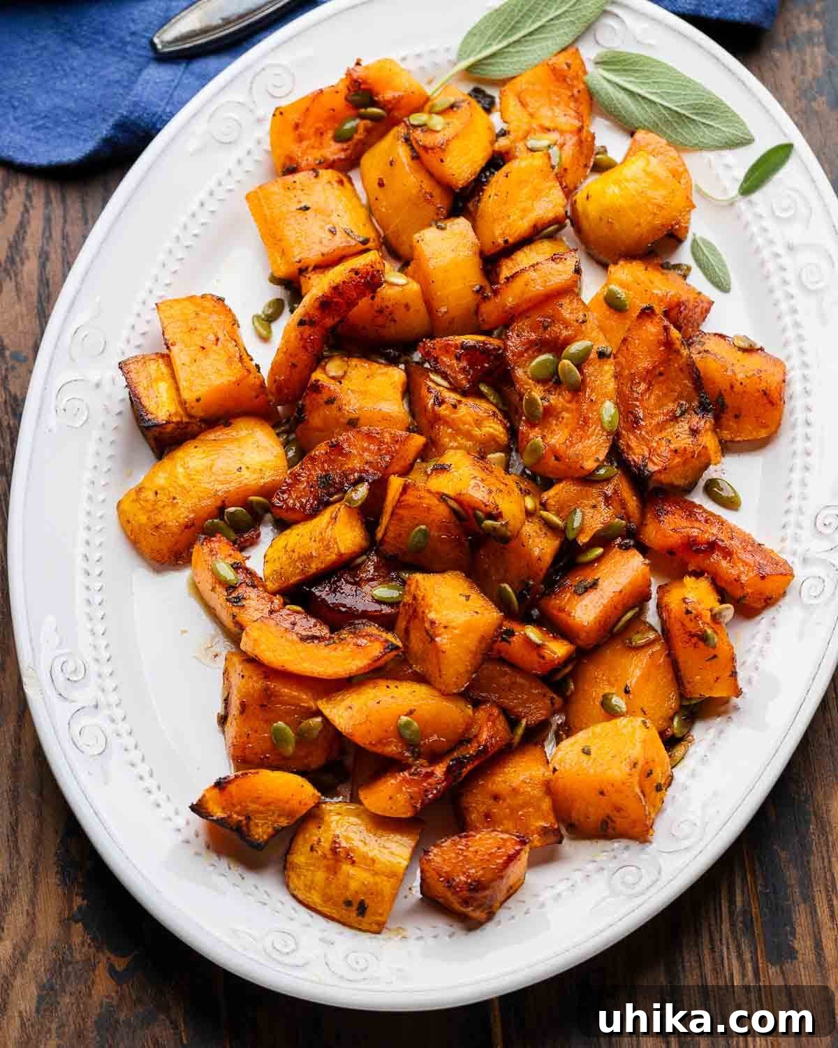 Cinnamon roasted butternut squash on white platter with sage garnish, ready to serve.