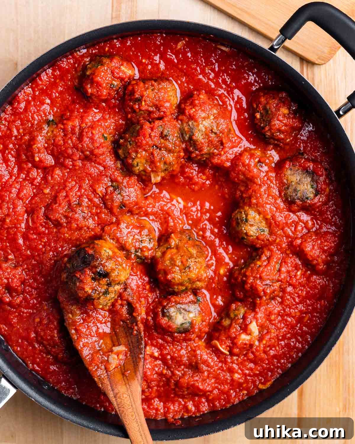 Mama's Sicilian Meatballs 8 Large pan with meatballs in sauce.