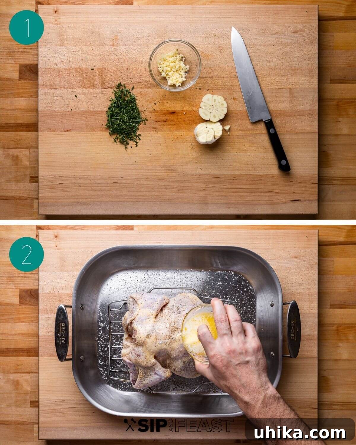 Golden Garlic Butter Roast Chicken 4 Garlic butter roast chicken recipe process shot collage group number one, showing minced garlic, herbs, and halved garlic head.