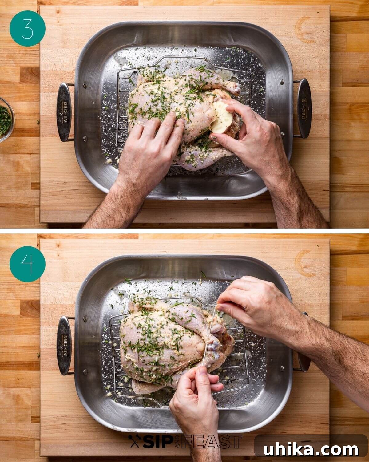 Golden Garlic Butter Roast Chicken 5 Recipe process shot collage group number two, showing seasoning the chicken with herbs and garlic.