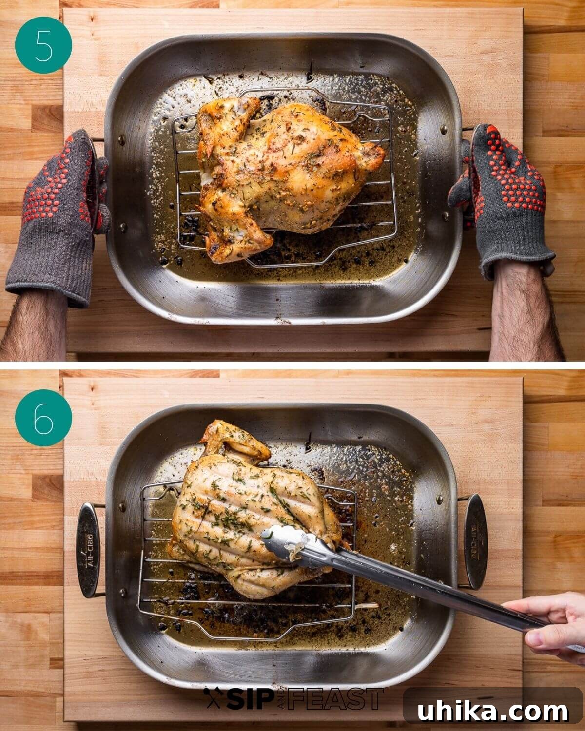 Golden Garlic Butter Roast Chicken 6 Recipe process shot collage group number three, showing trussed chicken roasting breast-side down.
