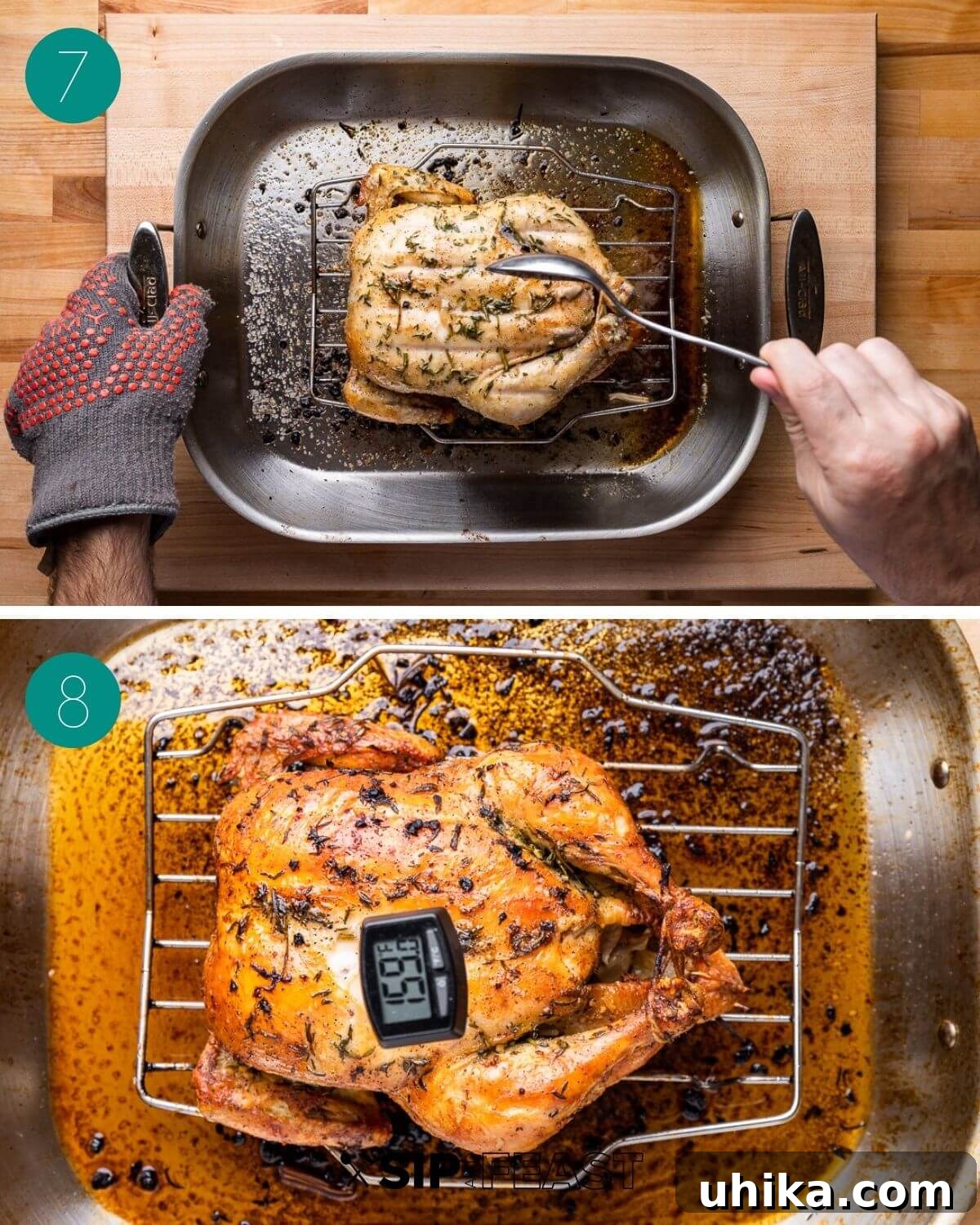 Golden Garlic Butter Roast Chicken 7 Recipe process shot collage group number four, showing a perfectly roasted chicken, breast side up and golden.