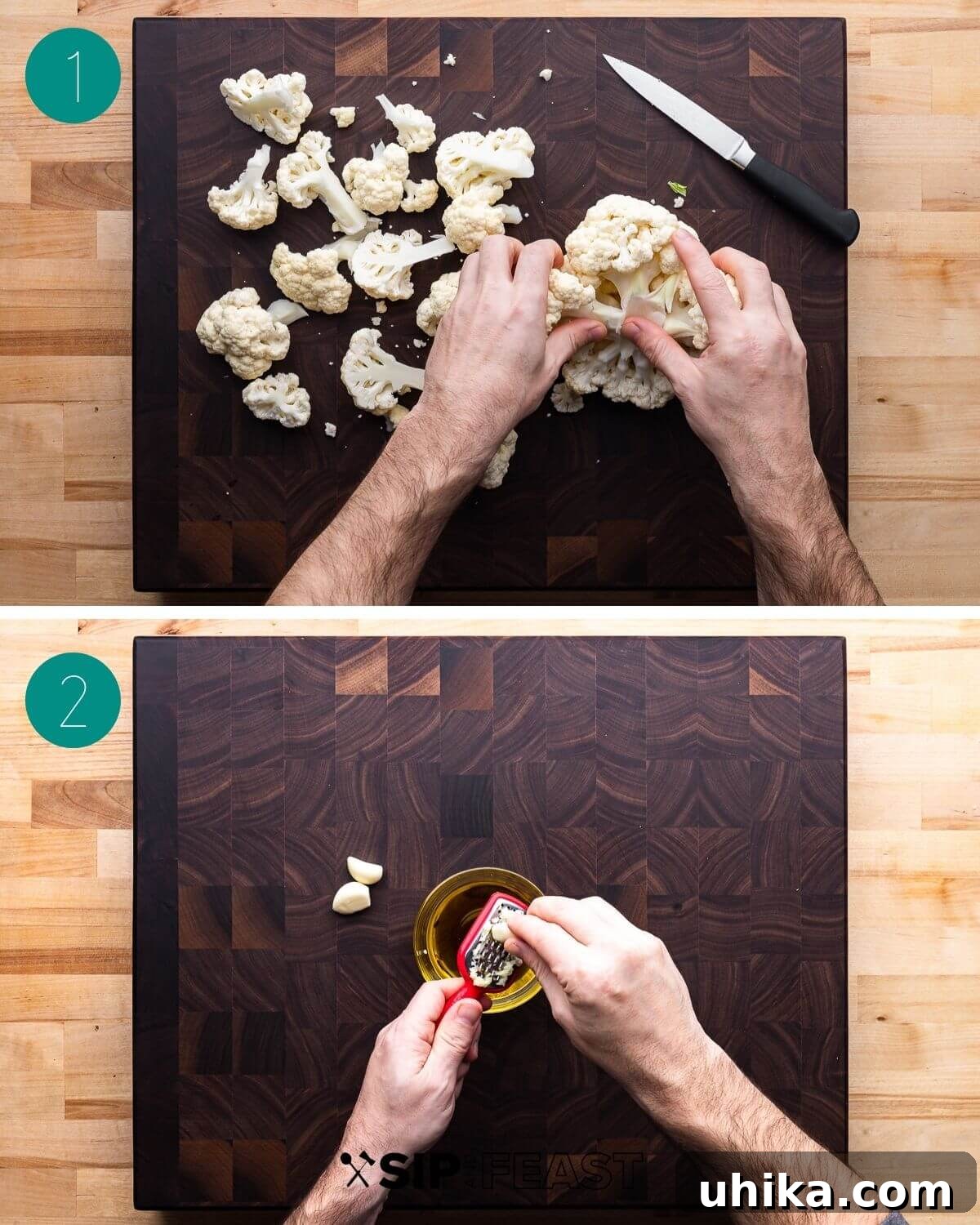 Golden Cauliflower Gratin 4 Baked cauliflower with cheese and breadcrumbs recipe process shot collage group number one, showing cauliflower being cut and prepared.