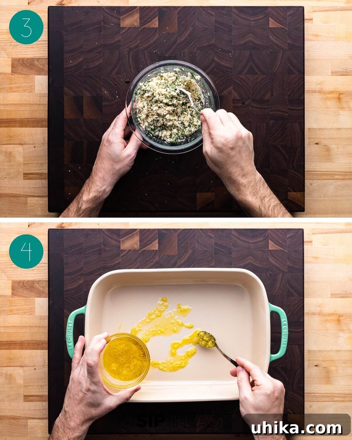Golden Cauliflower Gratin 5 Recipe process shot collage group number two, showing mixing ingredients for breadcrumbs and garlic oil.