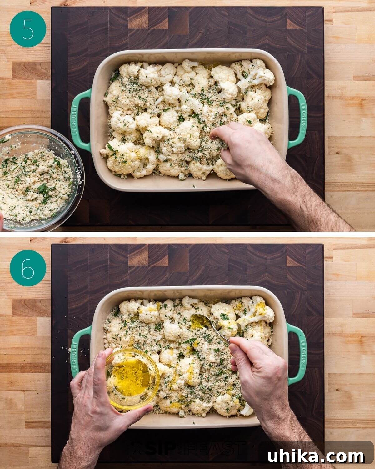 Golden Cauliflower Gratin 6 Recipe process shot collage group number three, showing cauliflower in a baking dish topped with breadcrumbs.