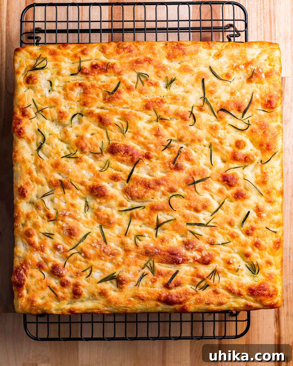 Effortless No-Knead Focaccia 2 Golden-brown no-knead focaccia, topped with rosemary and flaky sea salt, resting on a wire cooling rack.