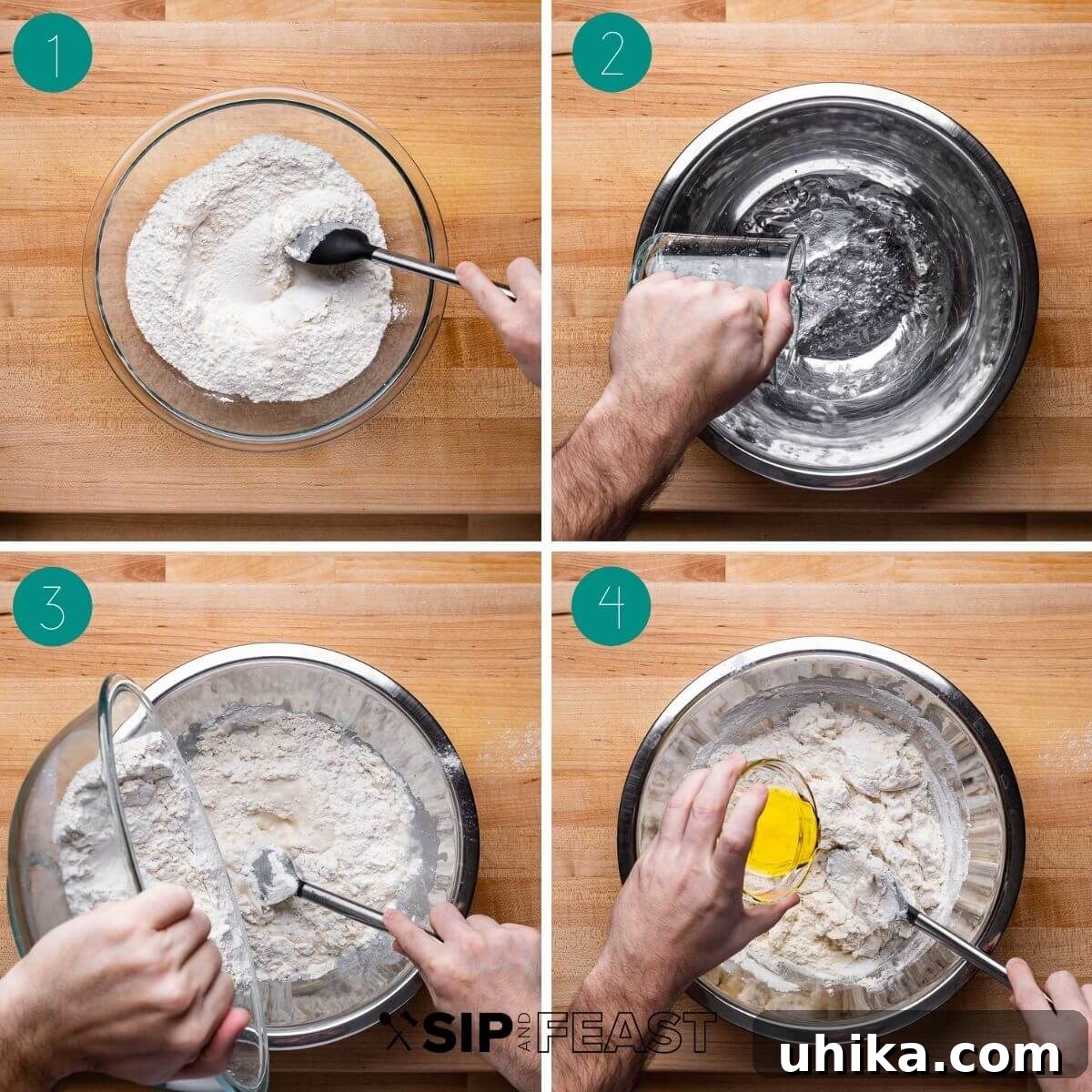Effortless No-Knead Focaccia 4 Step-by-step collage showing the initial mixing of dry ingredients, adding water, and incorporating olive oil for no-knead focaccia dough.