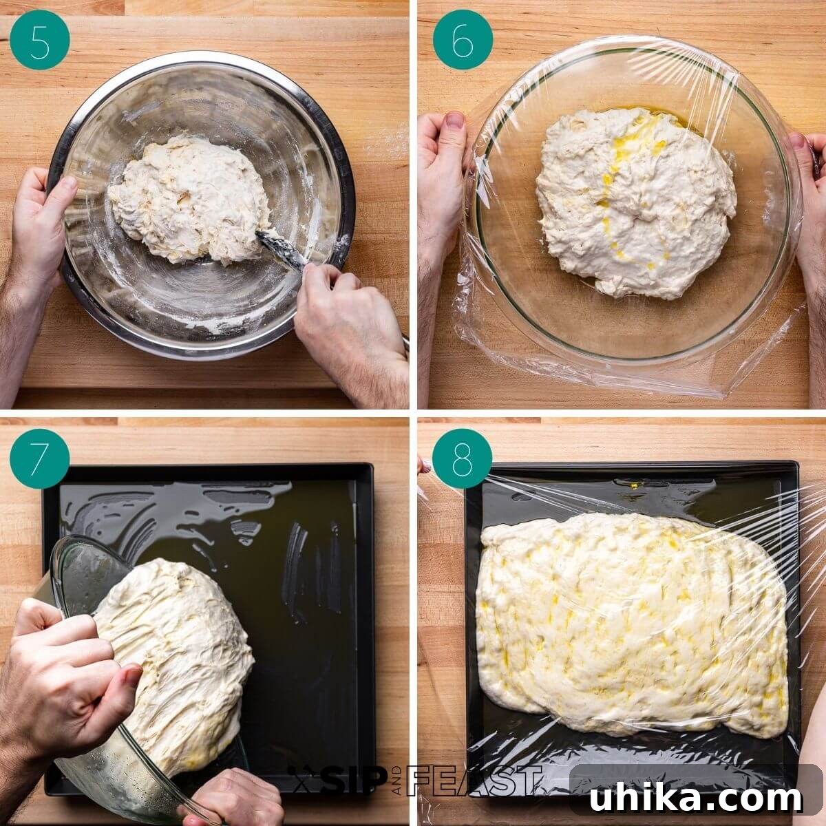 Effortless No-Knead Focaccia 5 Step-by-step collage showing the dough being pressed into an oiled baking pan and its subsequent rising.