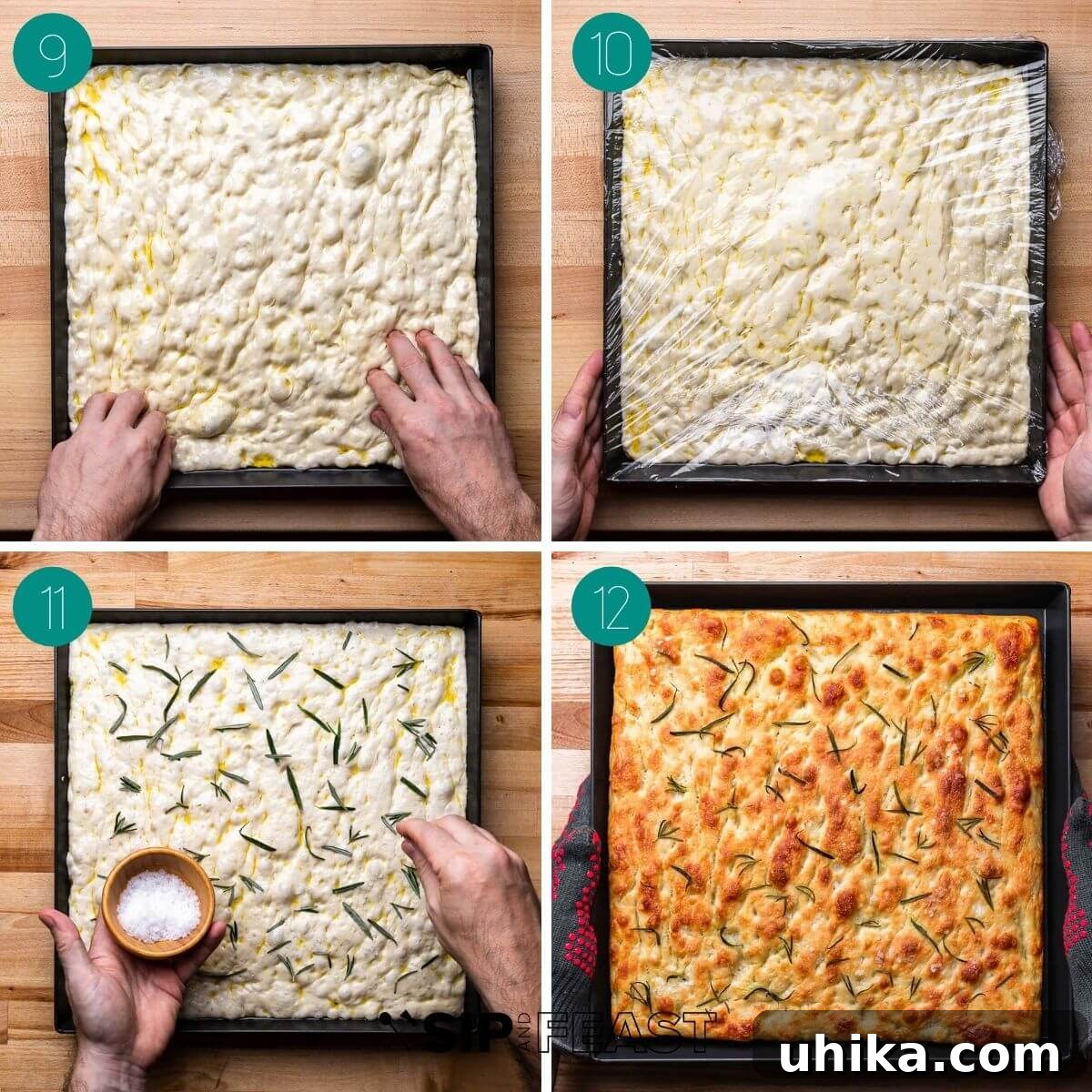 Effortless No-Knead Focaccia 6 Step-by-step collage illustrating the dimpling of focaccia dough, adding toppings, and the final baked golden focaccia.