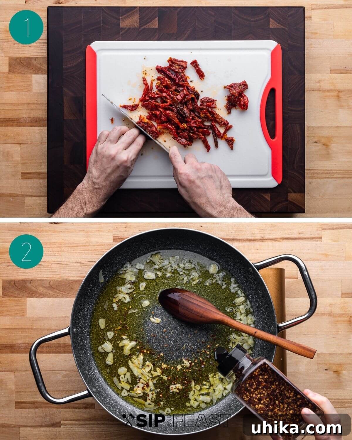 Sun-Drenched Spinach and Tomato Pasta 4 Spinach sun dried tomato pasta recipe process shot collage group number one, showing initial prep of ingredients.