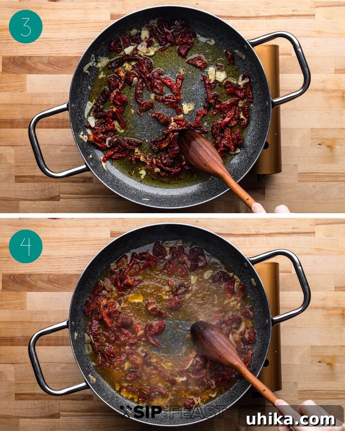 Sun-Drenched Spinach and Tomato Pasta 5 Recipe process shot collage group number two, showing garlic and sun dried tomatoes sautéing.