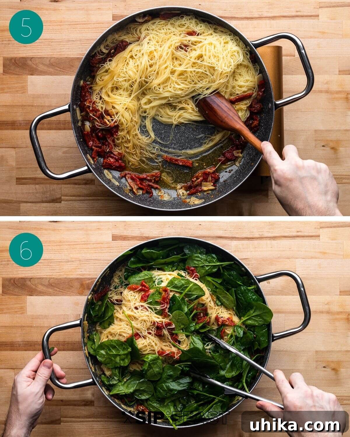 Sun-Drenched Spinach and Tomato Pasta 6 Recipe process shot collage group number three, showing pasta being tossed with spinach and sauce.