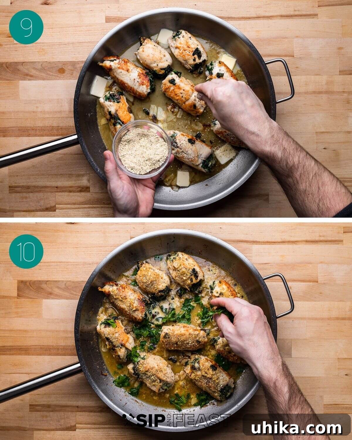 Stuffed Chicken Roulades 8 Recipe process shot collage group number five, showing chicken returning to the pan, butter, and breadcrumbs added.